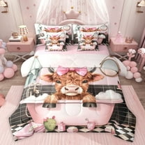 Feelyou Cute Bowknot Cow Bedding Comforter Set 7pcs for Teens, Kawaii Highland Cattle Queen Bedding Sets, Cartoon Animal Reversible Queen Sheet Sets, Microfiber Bedroom Decor