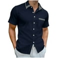 thumbnail image 2 of PNTUTB Men's Solid Color Patchwork Check Collar Button Down Short Sleeve Casual Loose Blouse with Pocket, 2 of 6