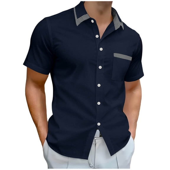 Stamzod Men's Short Sleeve Casual Button Down Shirt Business Untucked Dress Shirts with Pocket Navy S