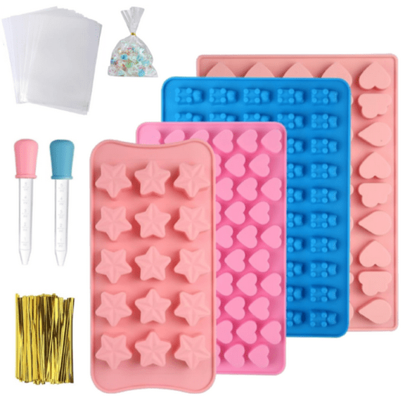 4 Pack Candy Silicone Molds, Gummy Bear Moulds Silicone Mould Gumdrop Jelly Molds Mini Gummy Bear Mold Ice Cube Trays Chocolate Moulds with 2 Droppers for Sweets Fondant Cake Decor