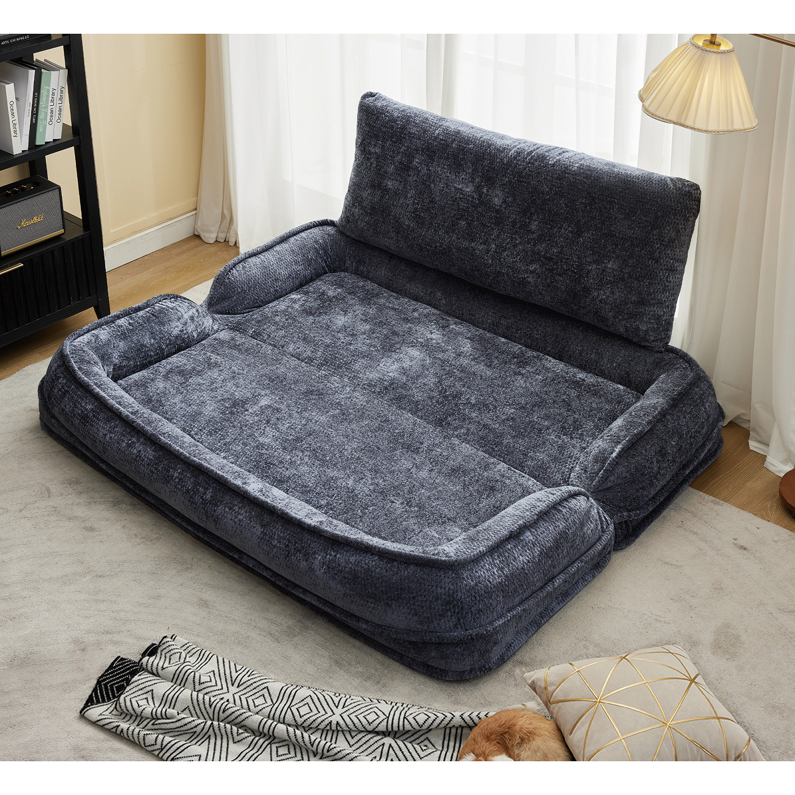 ZephyPaws Double Human Dog Bed,Extra Large Floor Couch with 5 Adjustable Position,Foldable Lazy Sofa Bed with Plump Pillow,2-in-1 Loveseat Couch Fits You & Pets, Plush Chenille,Gray