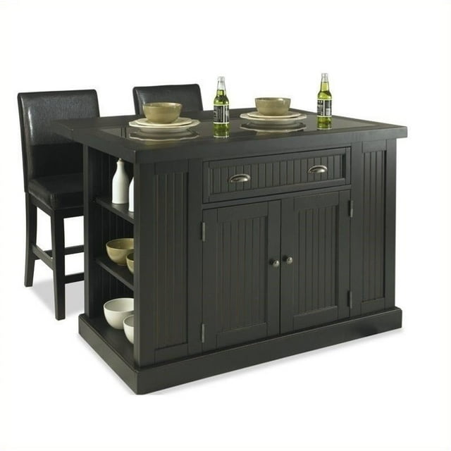 Homestyles Nantucket Wood 3 Piece Kitchen Island Set in Black