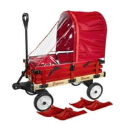 Millside Industries All Season Convertible Wood Wagon Cart with Flat-Free Tires, Sleigh Runners, Side Pads and Half Canopy with Plastic Cover Shield for Outdoor Hauling, Red, 16" x 34"