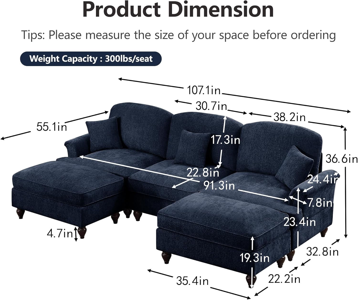 Mid Century Chenille Sectional Sofa, U Shape 3 Seat Couch with Flared Arms, Removable Ruffles Pleats Skirts, Deep Seat Sofa for Living Room, Blue