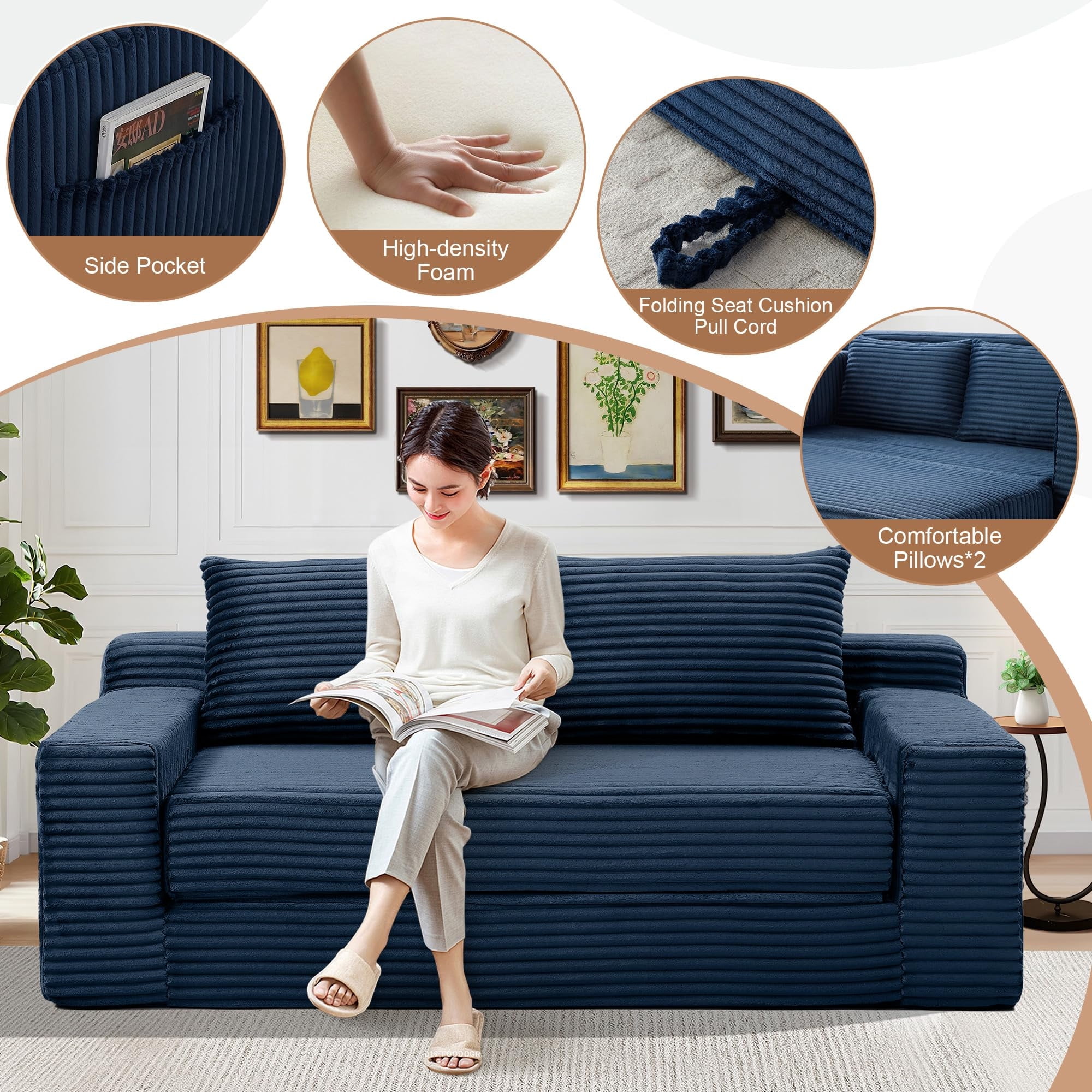 Aukfa 73" Chaise Futon Convertible Sofa Bed Boneless Couch, 2 Pillows&Side Pockets, Queen Size, Corduroy, Blue