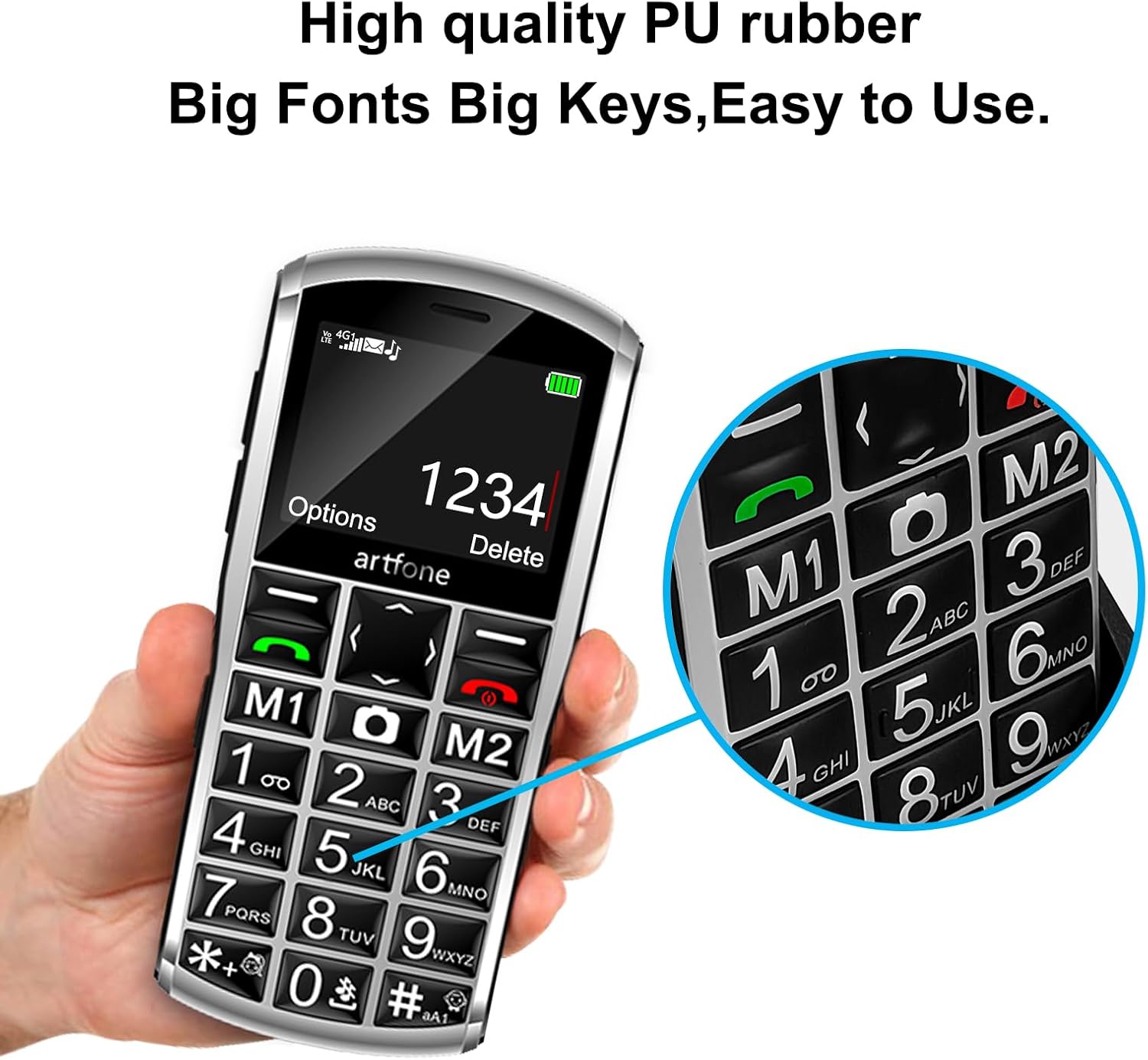 Artfone 4G Volte Unlocked Cell Phone for Seniors, Big Button Mobile Phone with 2.4" Display, 2MP Camera, 1800mAh Battery, Silver New