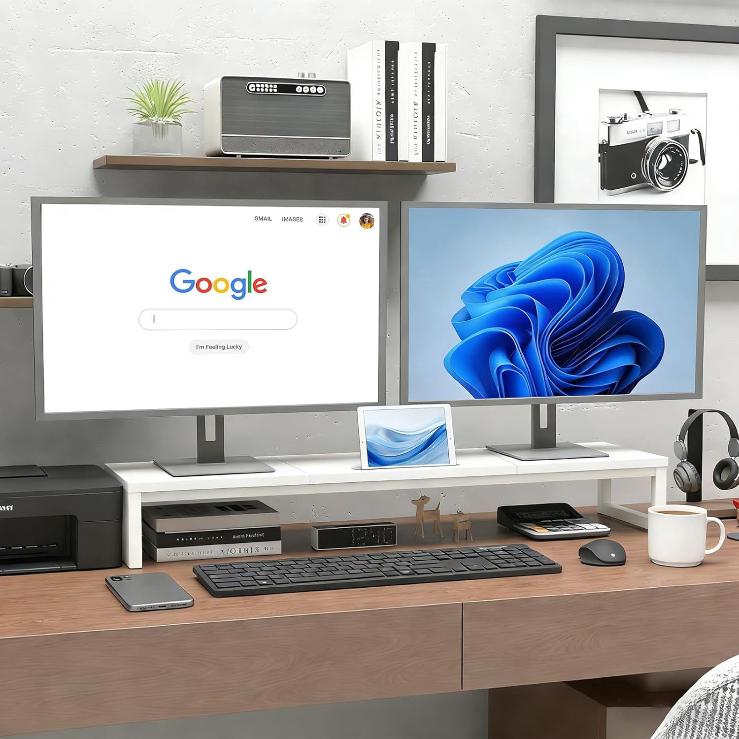 Dual Monitor Stand Riser 38.7 Inch Long Wood & Steel, 2 Monitors Desktop Stand with Tablet Holder, Ergonomic Organizer for Computer Laptop TV