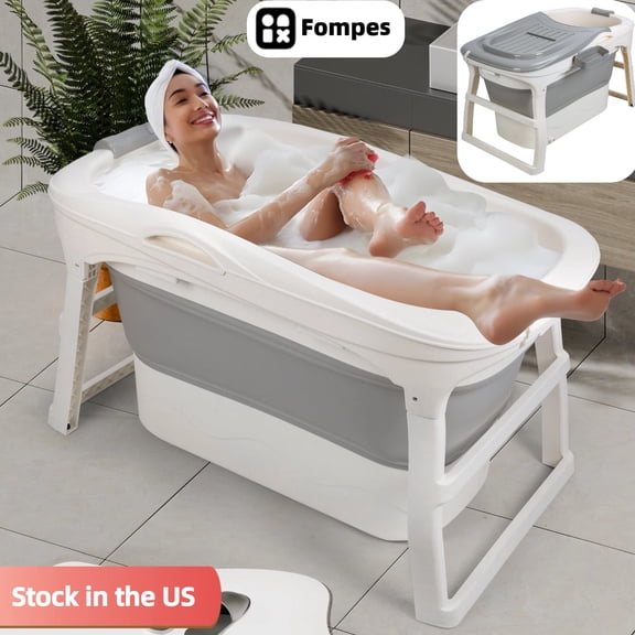 Fompes Foldable Bathtub Portable Soaking Bath Tub for Adult, Ideal for Hot Bath Ice Bath with Thermal Cover & Massage Roller, Freestanding Large Collapsible Tub, 44.5inch