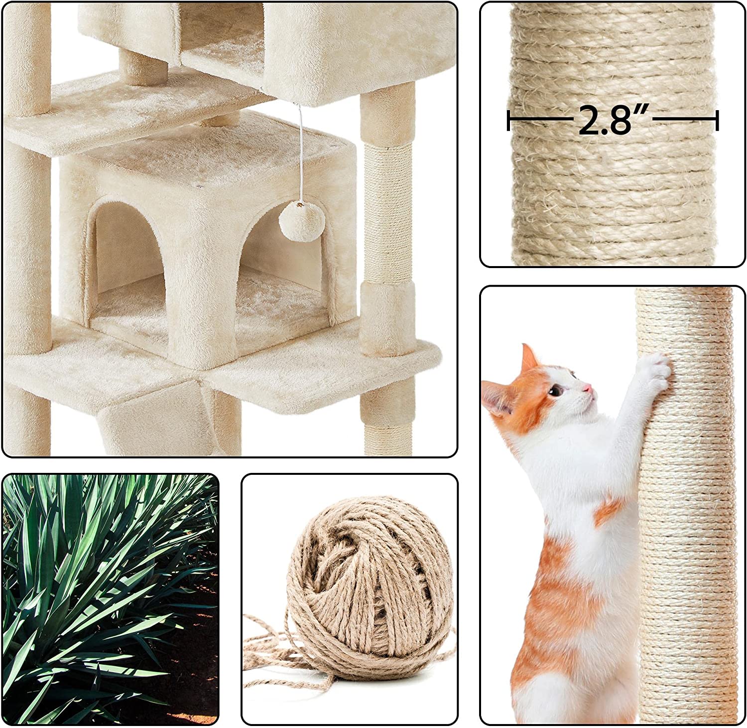 HWong 70in Multi-Level Cat Tree Tall Cat Tower Cat Furniture with Condo, Scratching Posts & Dangling Ball for Indoor Cats Activity Center, Beige