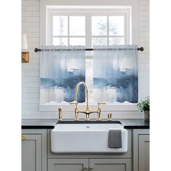 Blue Ombre Sheer Kitchen Tier Curtains 24 Inch length, Rod Pocket Half Curtains Short Drapes, Modern Geometric Abstract Artwork Light Filtering Chiffon Small Window Treatments 2 Panels 27.5"W x 24"L