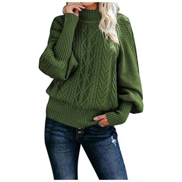 Chandail à Manches Longues Couleur Unie Automne et Hiver pour Femmes, Mode Décontractée, Col Mi-Haut, Tricoté, Vert Armée TG