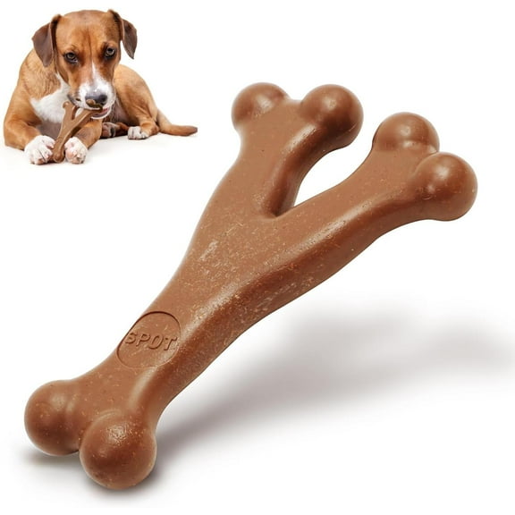 SPOT Bam-Bones Wishbone Dog Chew Toy, Bamboo Fiber Blend, Non-Splintering, Bacon Flavor, for Light to Moderate Chewers Under 50 lbs, 7 in