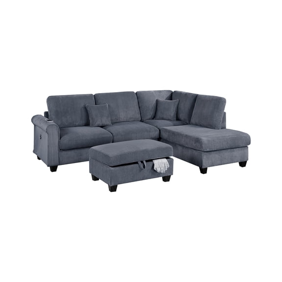 Poundex 3-Piece Sectional Set in Dark Gray with Corduroy and Foam Comfort