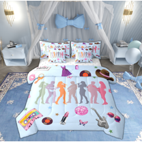 Manfei Modern Musician Print Bedding Comforter Set 7 Pieces for Kids, Blue Disco Ball Full Bedding Set, Hip Hop Music Reversible Fitted Sheet Flat Sheet, Lightweight Room Decor