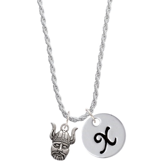 Delight Jewelry Silvertone Small Viking - Mascot Silvertone Script Initial Disc - X - Charm Necklace, 20"+3"