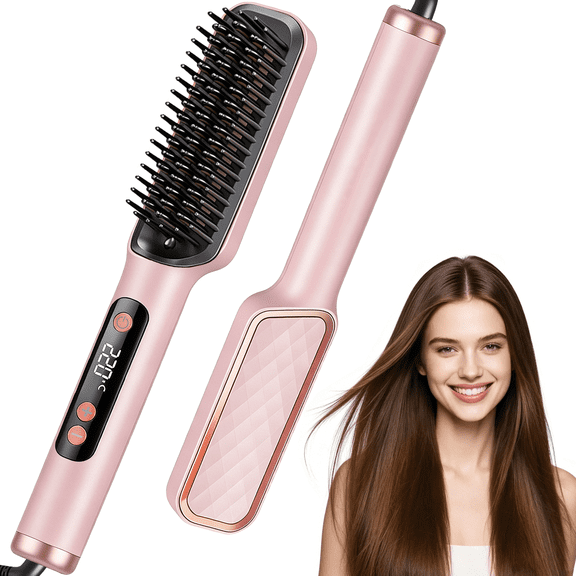 Hair Straightener Brush, Anti-Scald Ceramic Straightening Brush with 4 Temp & 35s Fast Heating, Anti-Tangle Flat Iron Hot Comb, Dual Voltage, Pink