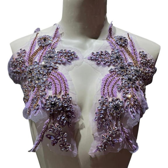 1 Pair of Handmade Rhinestone Appliques, 26.5 * 18cm DIY Clothing appliqué Patches, Sewing Beaded appliqué for Wedding Dress Apparel Accessories (Purple)