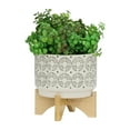 thumbnail image 6 of Ivory Ceramic Planter with Wooden Stand - Decorative Indoor/Outdoor Plant Pot - Modern Boho Home & Garden Decor - Stylish Round Flower Pot for Succulents & Herbs - 8", Ivory & Tan, 6 of 10