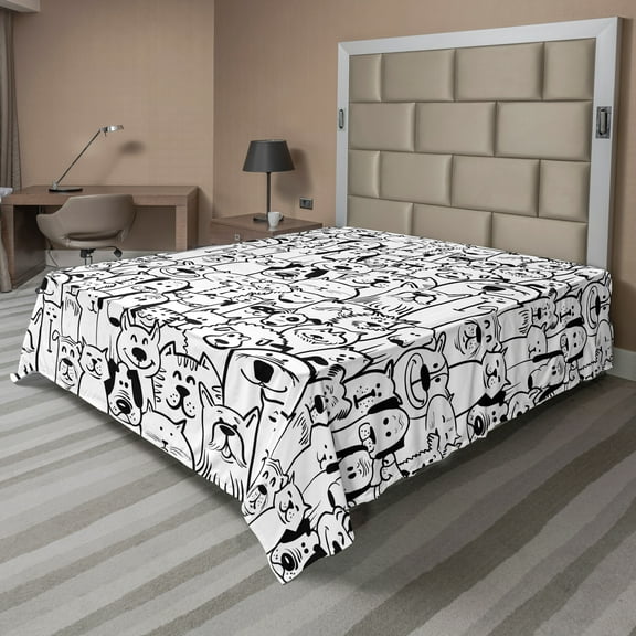 Ambesonne Pet Flat Sheet, Dogs and Cat Composition, California King, Black White