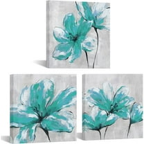 Teal Lily Flower Canvas Wall Art Set 3 Pieces Abstract Floral Bloom Pictures Bathroom Decor 12"x12"