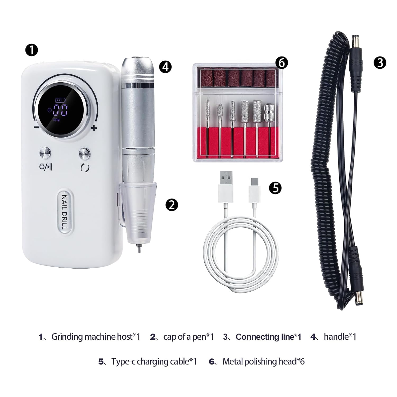 Electric Nail Drill, 45000RPM Nail Drill, Rechargeable Electric Nail File, Professional Nail Drill, with 6 Drill and Sanding Strips, for Acrylics/Gels/Natural Nails (Size:V3  Color:White