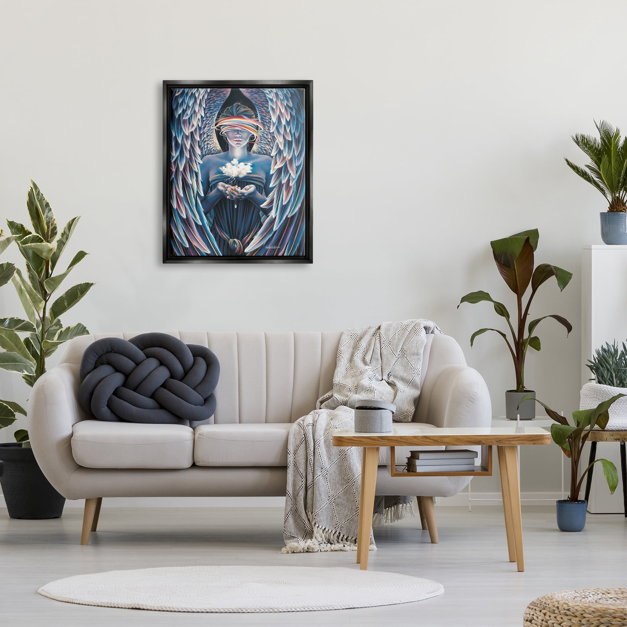 Stupell Industries Surreal Angel Holding Cloud Fairy Tales & Fantasy Painting Black Floater Framed Art Print Wall Art