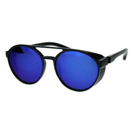 Mens Cafe Racer Style Side Visor Round Vintage Plastic Sunglasses Black Blue Mirror