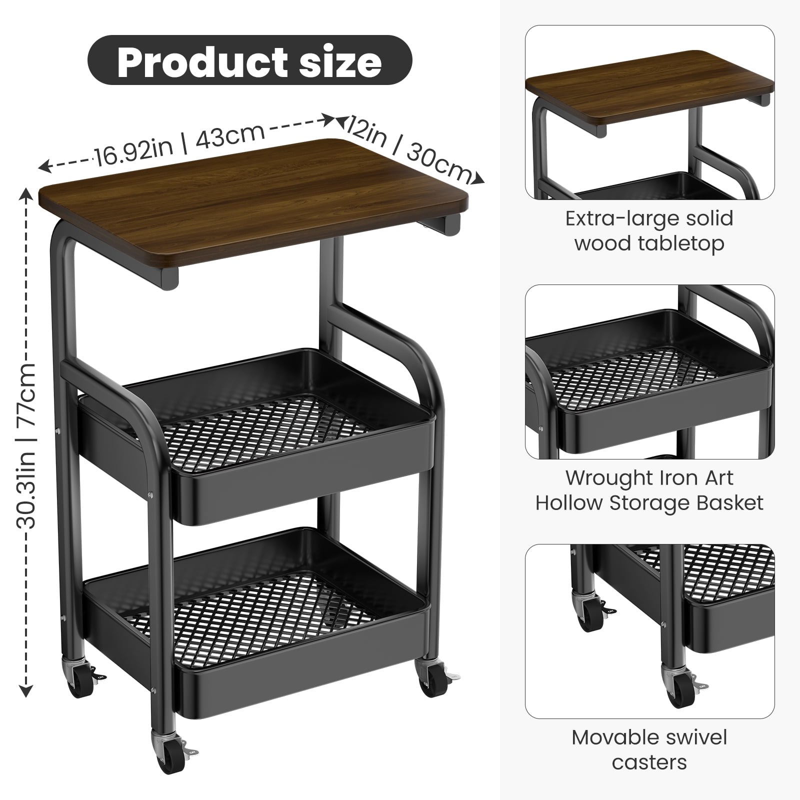 2-Tier/3-Tier Metal Rolling Utility Cart with Walnut Table Top, Lockable Wheels, Mobile Storage Organizer for Kitchen, Coffee Bar, Bathroom & Craft Room