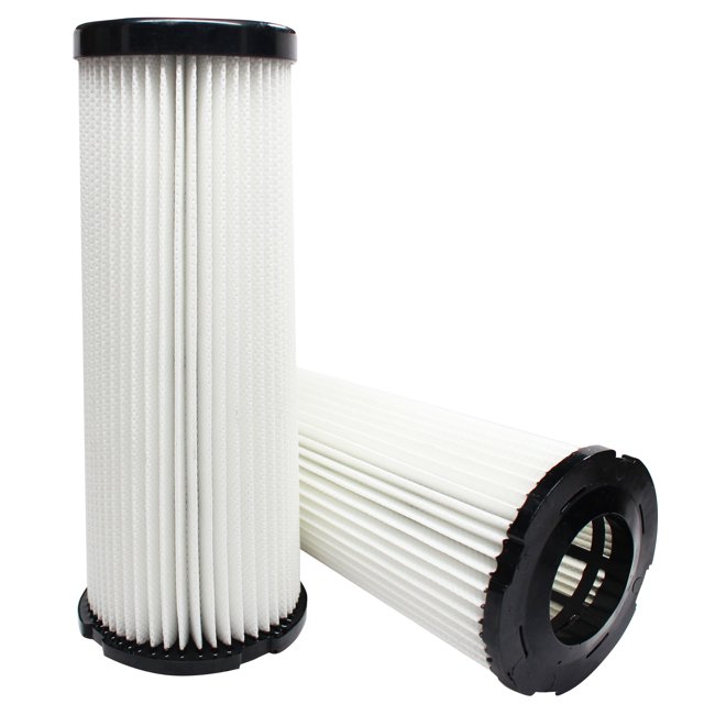 2-Pack Replacement Dirt Devil 085845 Vacuum HEPA Filter compatible with Dirt Devil 3JC0280000 and F1 HEPA Filter. The image shows two cylindrical white pleated filters with black plastic caps, designed for use in Dirt Devil vacuum models. Ensure compatibility by checking the series letter on your vacuum cleaner.