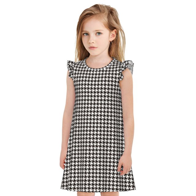 Balery Houndstooth Black And White Camisón de princesa para niñas, pijama de algodón con mangas abullonadas, suave y bonito.-Small