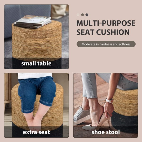 Ottoman Poof, Natural Seagrass Poufs, Hand Weave Round Footstool, Pouffe Accent Chair, Sitting Braided Footrest W/Jute Cover, Home Decorative Seat for Living Room