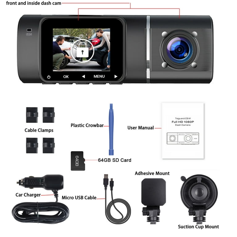 TOGUARD Dual Dash Cam Front and Inside 1080P Dash Camera for Cars with 64GB  SD Card IR Night Vision Car Camera for Taxi Accident Lock Parking Monitor