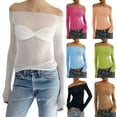 thumbnail image 2 of Nituyy Women's Off Shoulder Mesh T-Shirt Solid Ruched Long Sleeve Skinny Tee Shirt Top Party, 2 of 5