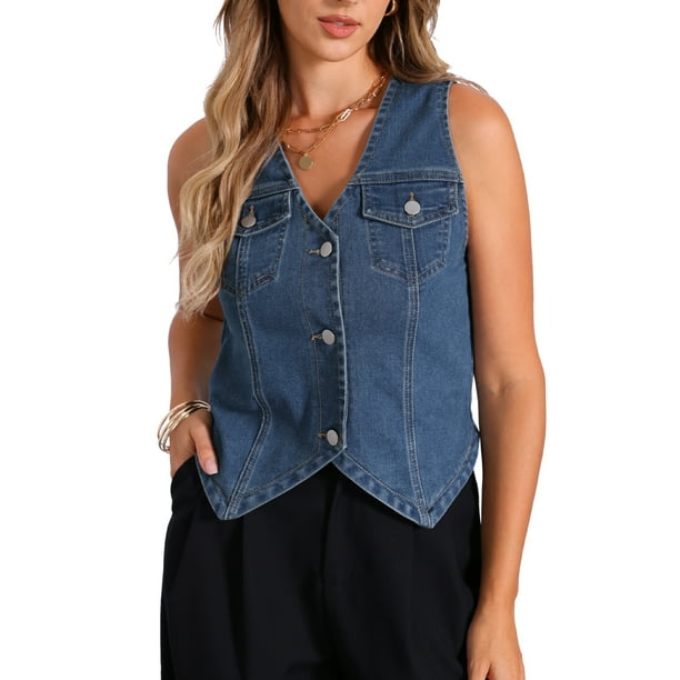 INSPIRAR ELEGANTE Chaqueta de mezclilla sin mangas, cuello en V, botón hacia abajo, casual con bolsillos, chaleco M azul
