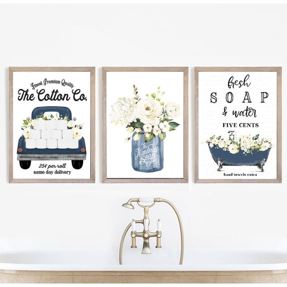 UNFFRAMED Set Navy Blue Bathroom Wall Art Cotton Co Bathroom Wall Decor, Blue Farmhouse Bathroom Art Set 3 Prints 20x30