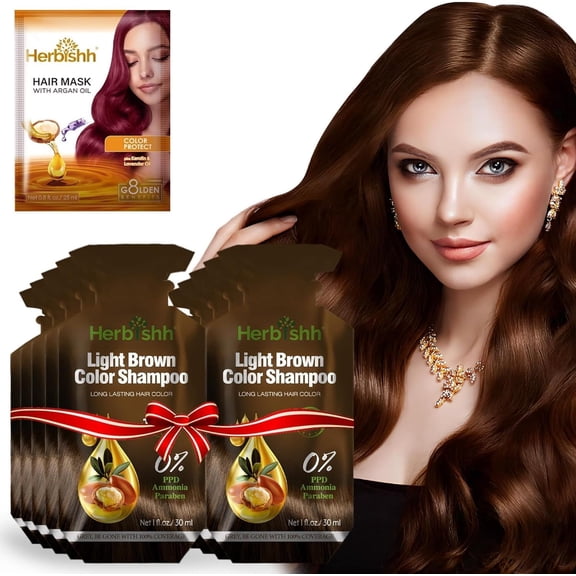 Herbishh Hair Color Shampoo 10 Sachet +1 Argan Hair Mask Pouch | 3 in 1 Hair Dye | PPD Free | Easy to Use | Gray Coverage | Travel Size | Available in 6 Colors | (Light Brown)