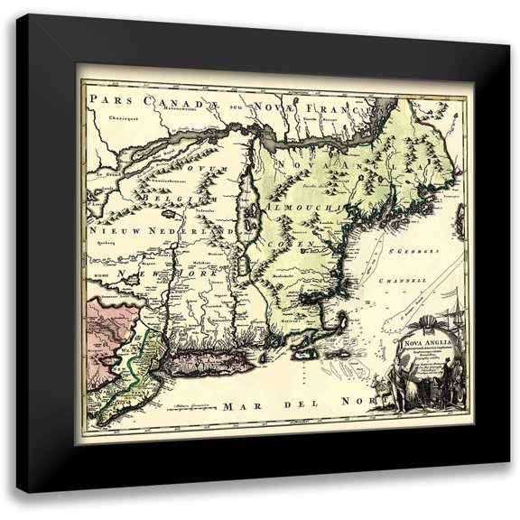 Homann 13x12 Black Modern Framed Museum Art Print Titled - New England North America - Homann 1780