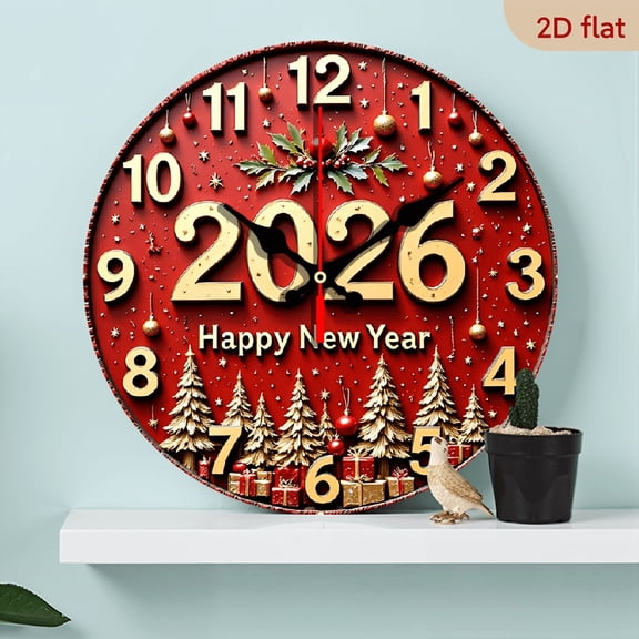 2D Flat 1pc 2026 New Year and Christmas Themed Wooden Wall Clock Silent Decorative Clock, Creative Design, Suitable for Bedroom, Living Room, Office, 10 Inches, Manufactured Wood, Without Battery