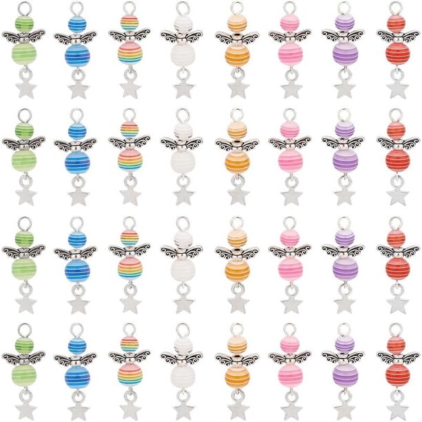 32 colgantes de alas de ángel de colores, con cuentas de resina y aleación, adornados con cuentas de alas de ángel con forma de estrella.