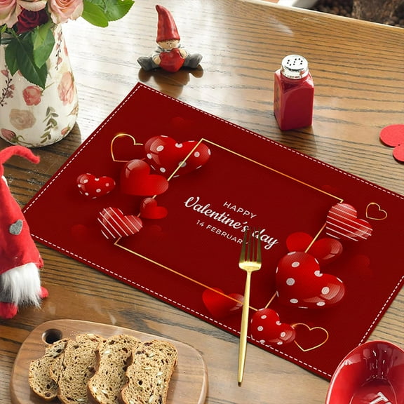 UNLLLL 1 Pcs Valentine's Day Heart Placemat, 18x12 Inch Linen Printed Insulation Mat, Western Mat Candlelight Dinner Decoration, for Kitchen Dining Wedding Anniversary Valentine