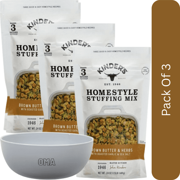 Kinder’s Homestyle Stuffing Mix, 24 oz-3pk, With Olive White Bowl By OMA
