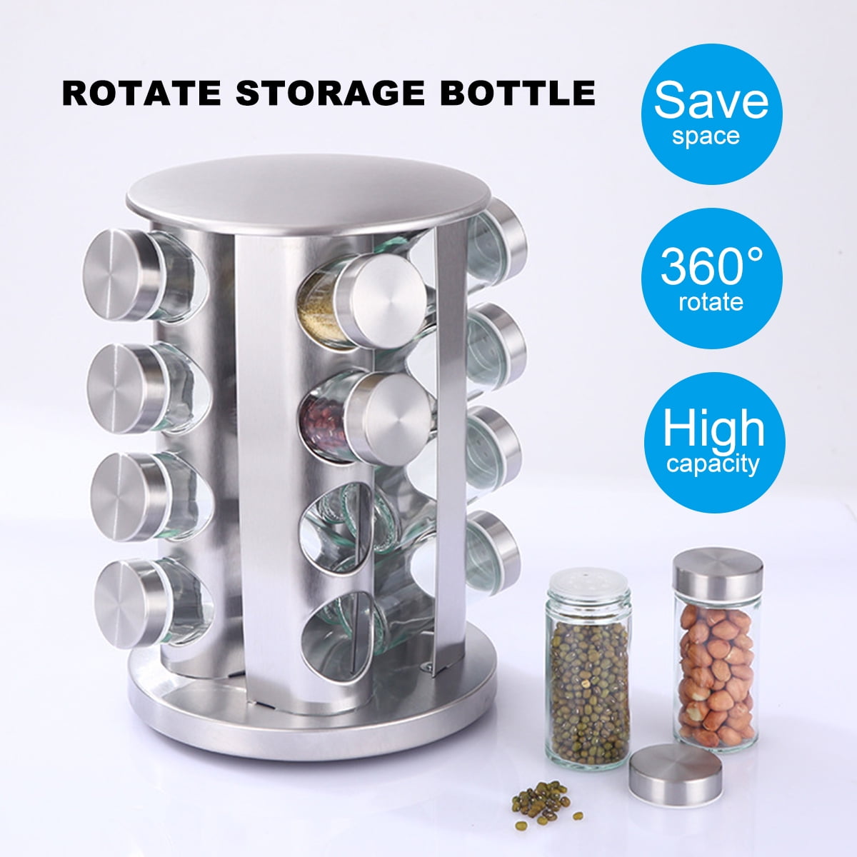 1set Revolving Spice Rack, 6-Jar Seasoning Organizer Holder 360° Rotation  Shelf Tower Set with 6 Glass Spice Refill Containers Jars for Cabinet
