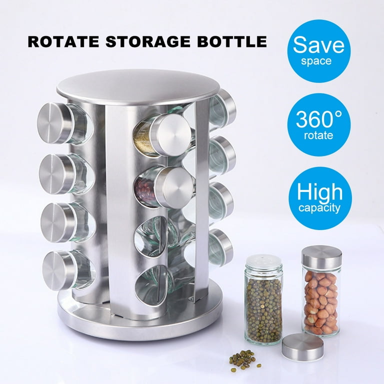 Neat Essentials 16-Jar Stainless Rotating Spice Rack Set, 16 Glass Jars  With Stainless Steel Rotating Organizer - Vysta Home
