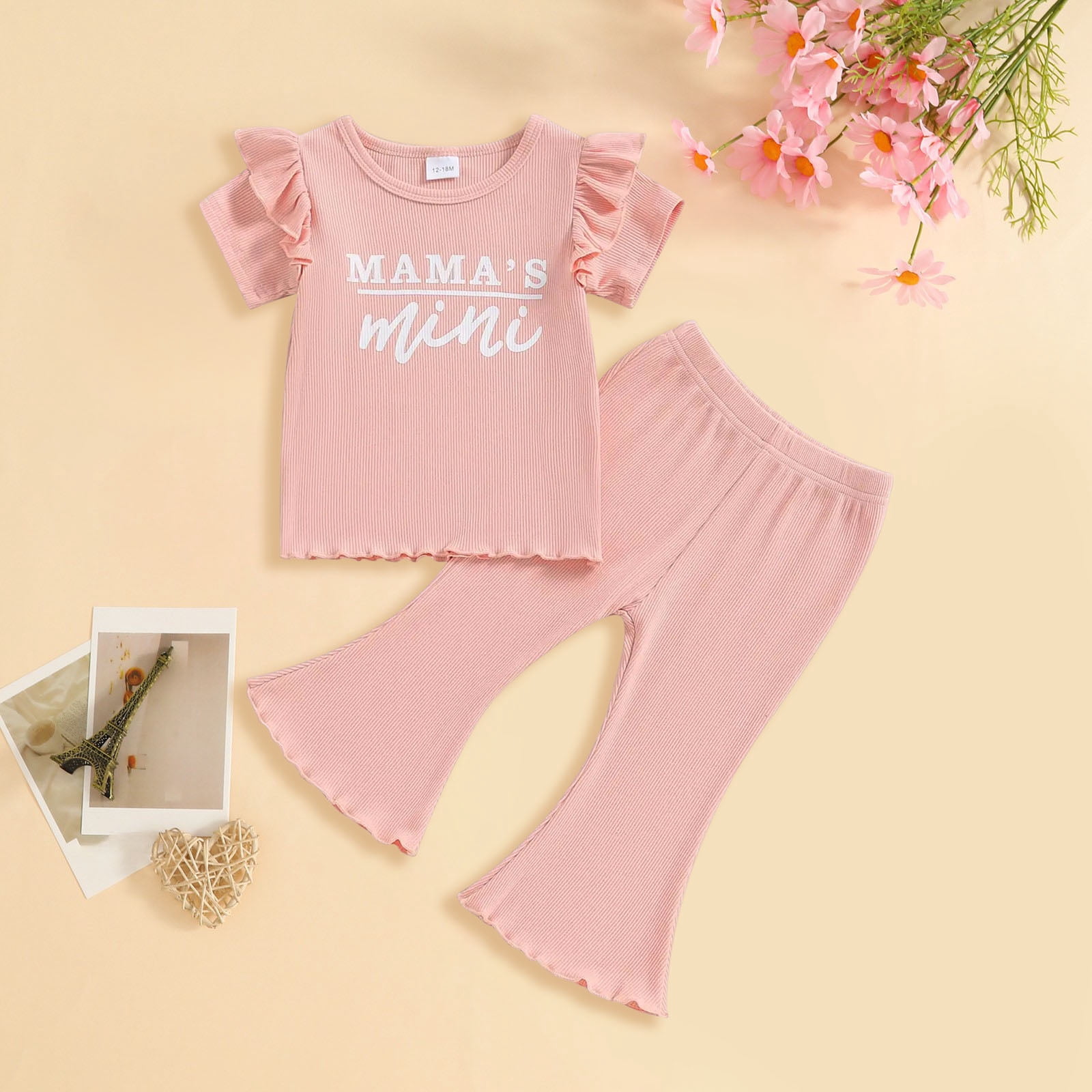 Faraee Baby Girl Clothes Summer Knit Ruffle Short Sleeve T-Shirt Tee Flare Pants Set 2Pcs Toddler Bell-Bottoms Outfits 12 18 24 Months 2t 3t 4t 5t Pink