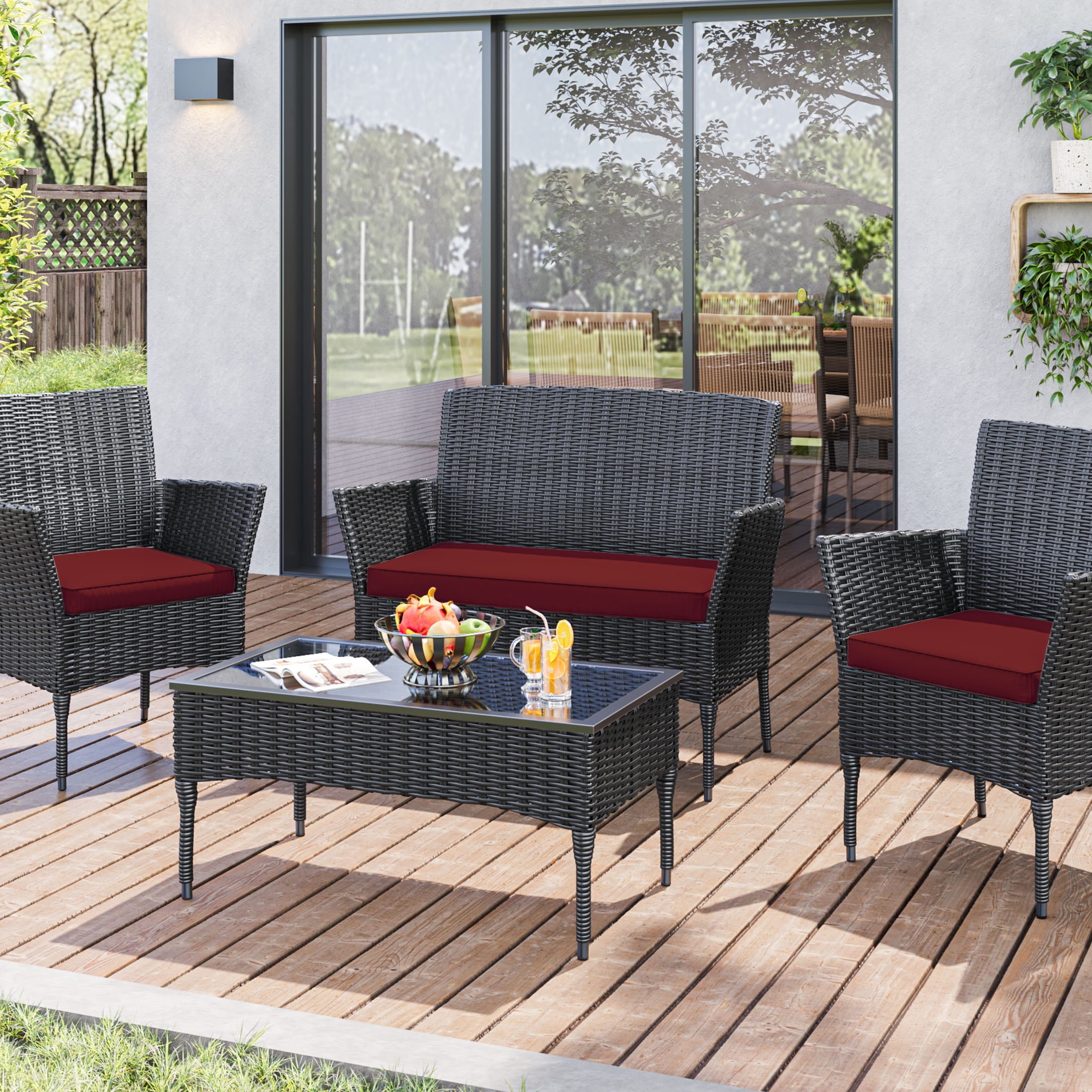 Snubbull 3 Pack Loveseat Cushion Set, 36" x 18" x 3" Waterproof Outdoor Chair Replacement Cushions for 4-Seater Wicker Rattan Patio Furniture, Burgundy
