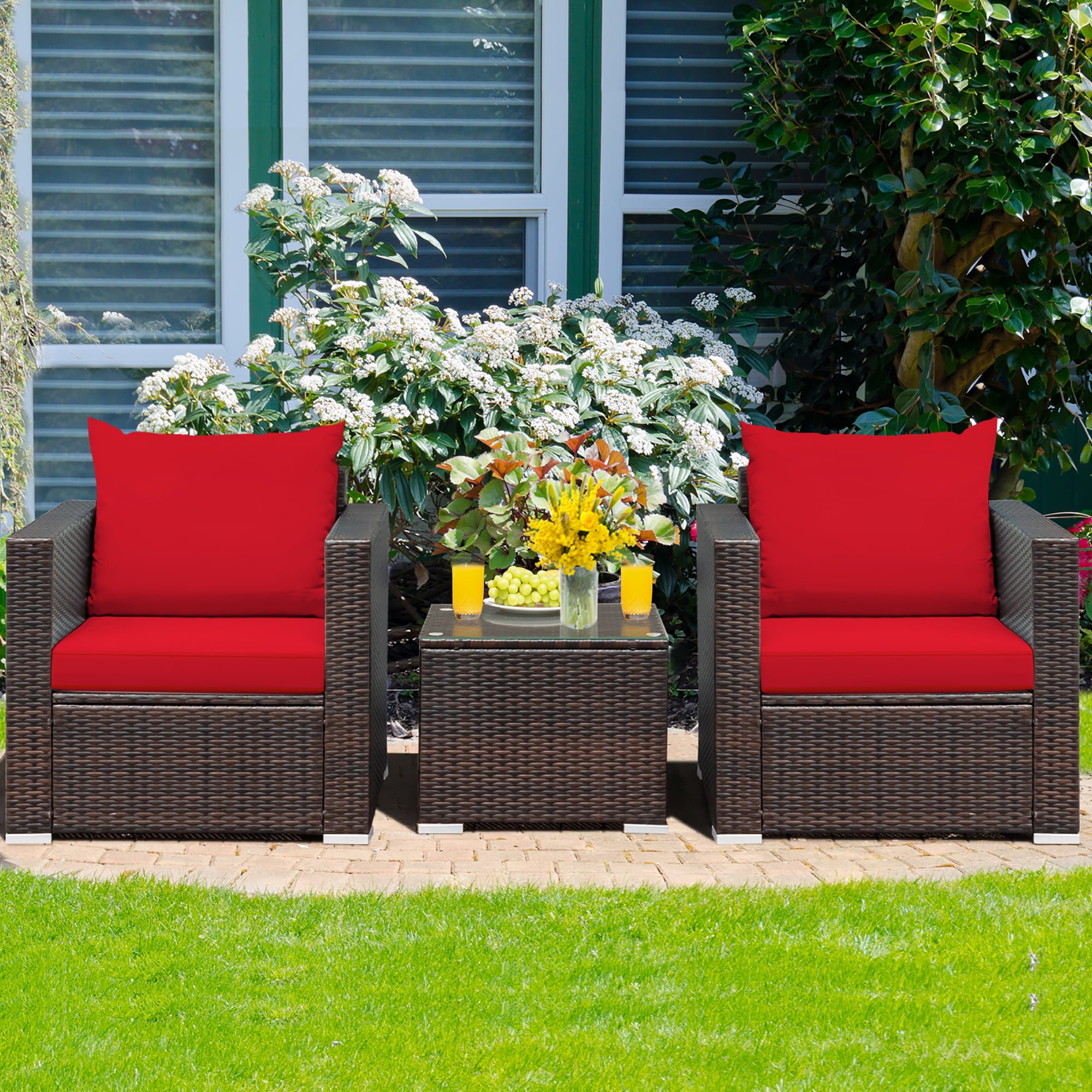 Costway 3PCS Patio Rattan Furniture Set Conversation Sofa Cushioned Garden Red