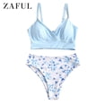 thumbnail image 3 of ZAFUL for Women Swimsuit or Bikini Set Plunge Surplice Floral Tankini Swimsuit Light Blue M, 3 of 7