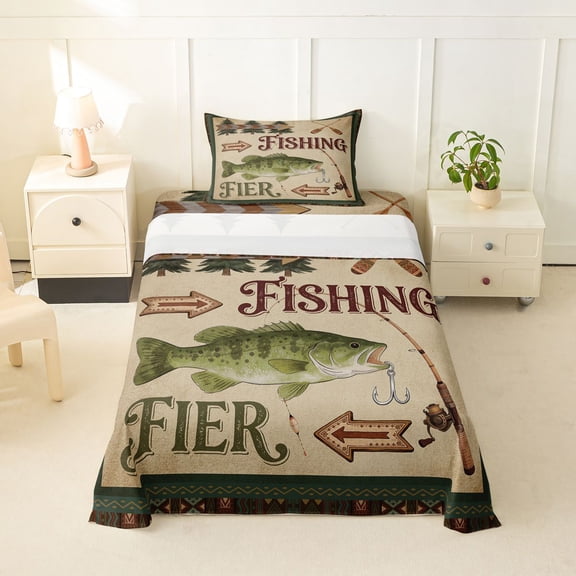 Feelyou Tribal Western Country Fishing Twin Sheet Sets for Men Boys, Vintage River Animal Bedding, Brown Green, 3pcs