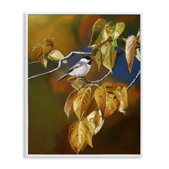 Stupell Industries Chickadee on Branch Animals Painting White Framed Art Print Wall Art, 24 x 30