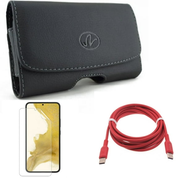 For Samsung Galaxy S21 (6.2") - Anti-Glare TPU Film Matte Screen Protector   Swivel Leather Case Belt Clip   PD Fast Charger USB-C to Type-C Red 6ft Long Cable